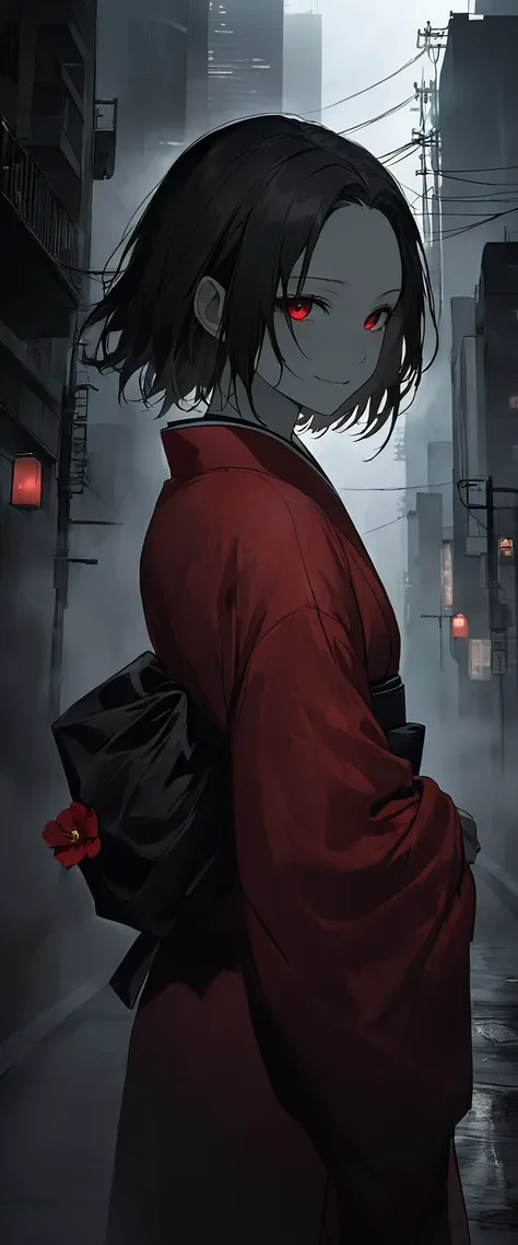 Red silk kimono。Beauty in the mist,Walking in the fog。Black belt。smile。Black short hair。forehead,Foggy Sky。 Beautiful red eyes。Portrait。Dead skin。alone。darkness。Spooky atmosphere。Japan。City of Concrete。Dark atmosphere without light。night。Red flower,Chiaros...