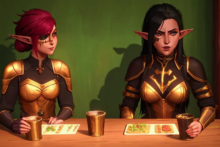 Drunk Elf Woman Knight in Black Armor with Long Black Hair Sitting in Tavern Eating and Drinking Ale, There are gold coins and food on the table, scars on face, eye patch