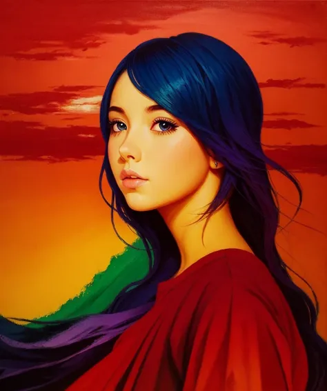 [((very colorful gradient))]:[[(front full portrait:1girl (solo) with big eyes and a short hair bob)((Jose de Ribera style)), [dress ((Marc Chagall style)])):20]/[background: landscape
 Renaissance, old canva, (scarlet sunset), ((style Alexey Savrasov))]/[...