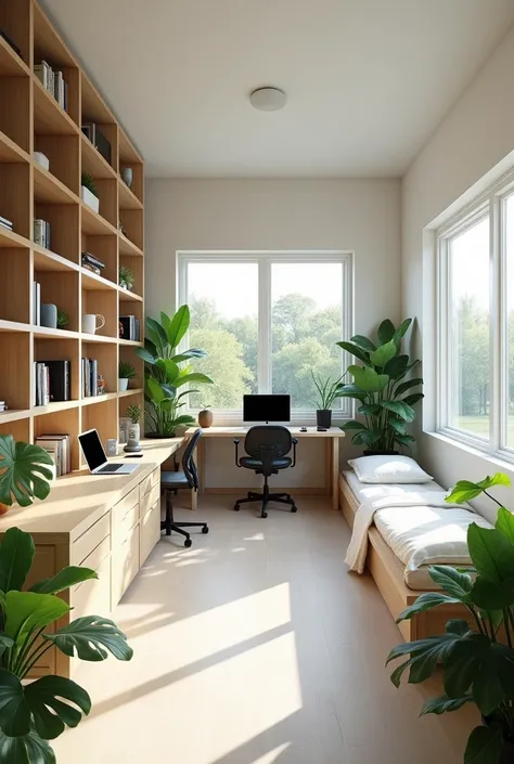 Bookshelf with two desks woth two laptops with a window and two beds some plants
With out people modern