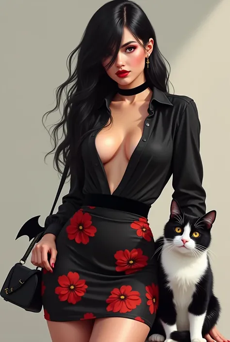 Beautiful fat girl with black skirt with red flowers and low-cut black blouse and black and white cat with bat bag black hair in the eyes 