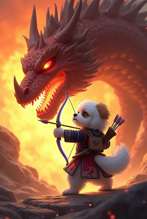 A Shih Tzu dog in an archer outfit from the game Ragnarok, his left hand holding a glowing white bow, his right hand holding an arrow, is facing off against a fire dragon.
