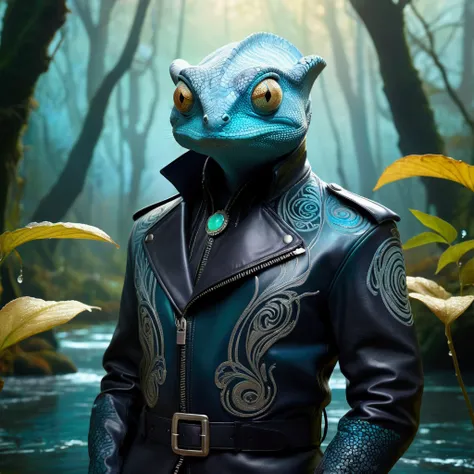 Closeup, An extremely badass anthropomorphic chameleon wearing an insanely cool black leather Harley Davidson biker jacket open, black biker shirt, black leather biker gloves, black leather biker pants posing dynamically in a mystical forest scene inspired...