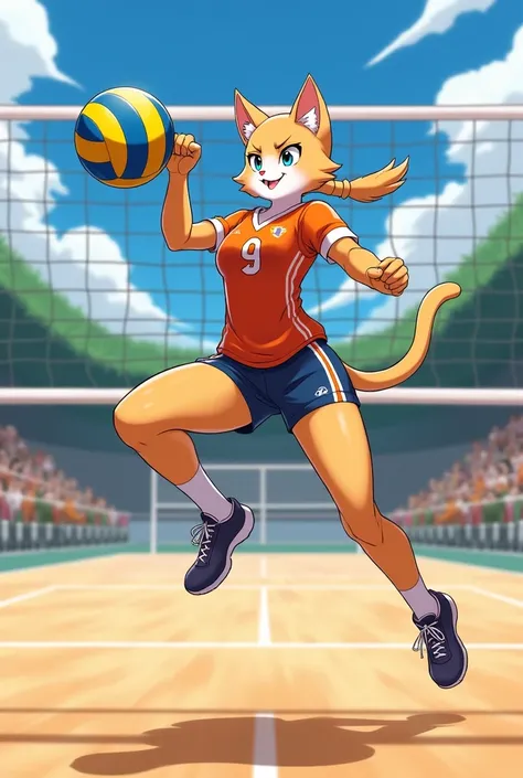 A girl cat with volleyball dress in volleyball court jersey number 9 going to spike