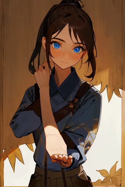 (masterpiece, best quality, absurdres, very detailed eyes), closeup, 1girl, solo, solofocus, blue eyes, dark brown hair, ponytail, fitted navy blue tunic with silver stitching, brown trousers, wood walls, wood, beer, sunlight, sunrays, leaves