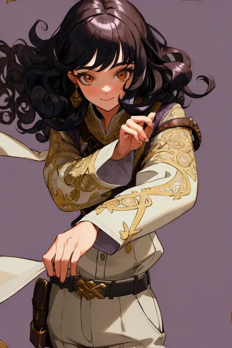 (masterpiece, best quality, absurdres, very detailed eyes), closeup, 1girl, solo, solofocus, brown eyes, black hair, curly hair, smile, lavender tunic embroidered with silver, leather belt, fitted trousers, dagger