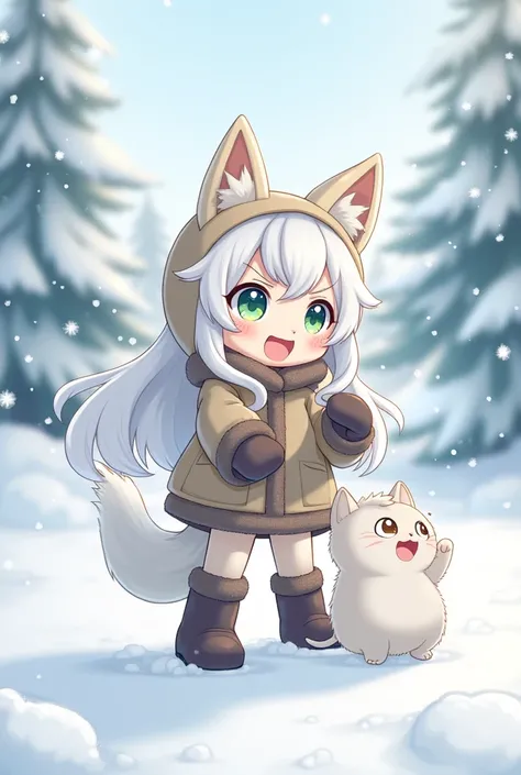 A  with fluffy ears and tail, with white hair and one green eye and one blue eye, in cold weather clothes playing in the snow with a kitten, not anime style