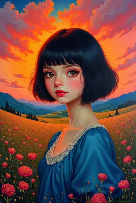 ((very colorful gradient)):[[(front full portrait:1girl (solo) with big eyes and a short hair bob)((Jose de Ribera style)), [dress ((Marc Chagall style)])):20]/[background: landscape
 Renaissance, old canva, (scarlet sunset), ((style Alexey Savrasov))]/[((...