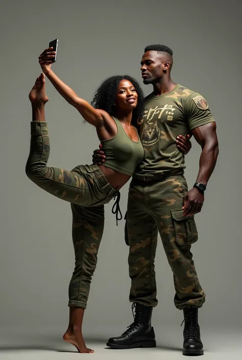 Beautiful african woman soldat doing selfie with a musculated soldat wear a military T-shirt with the letters"G.P.T" write in the T-shirt and the picture of camouflage cat in the back of T-shirt,she is dancing capoera,full body view,8k,gray background,real...