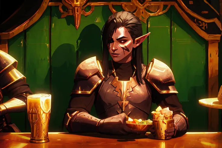 elf knight in black armor with long black hair sits in a tavern eating and drinking ale, There are gold coins and food on the table, scars on face, eye patch