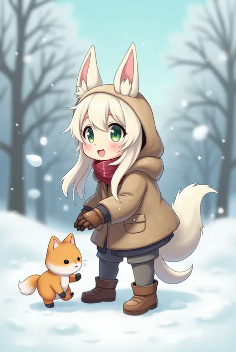 A  with fluffy ears and tail, with white hair and one green eye and one blue eye, in cold weather clothes playing in the snow with a kitten, not anime style