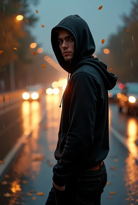 (photorealism:1.2), From a distance, a very handsome young man wearing a hoodie is seen walking on the side of the highway looking at the camera., many cars pass by, car headlights(wearing a tight black shirt and black jeans, at night and rain, falling lea...