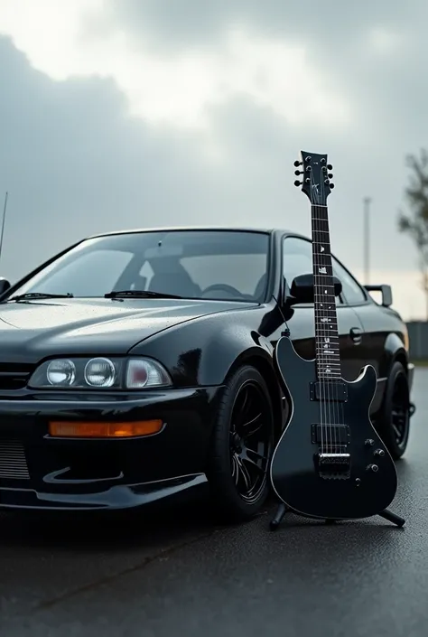 Honda Integra Tipe R Coupe 1998 black with a black guitar with a cloudy morning in the background