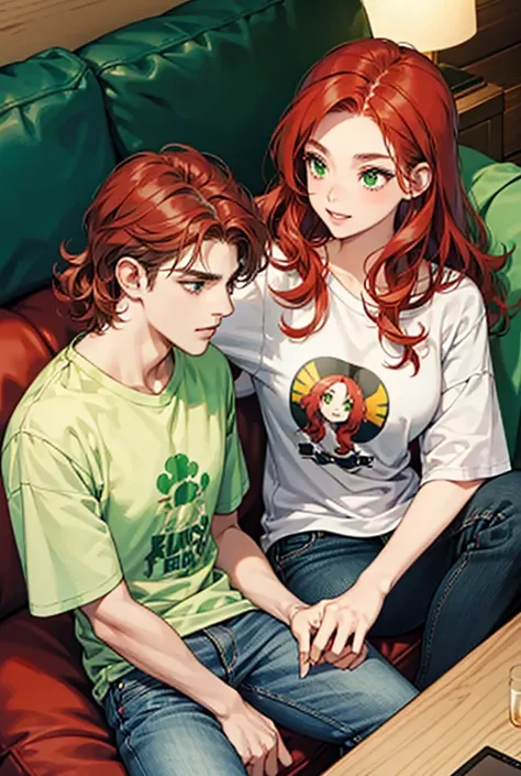  A couple playing video games on the couch, 
Girl with red hair and gray eyes in jeans and a t-shirt with a pattern, a guy with brown curly hair and green eyes