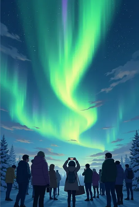 The aurora borealis that appear in the Arctic Circle glow in green, yellow, blue, purple and pink in the sky, the aurora borealis with a beautiful gradation, people looking up at the sky and taking pictures, (anime style)