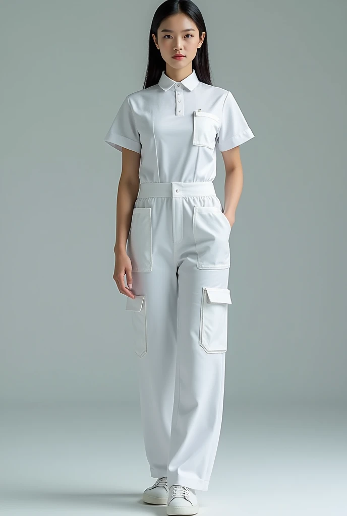 Medical uniform for women with a Mao collar shirt and wide, square-cut jogger pants with many pockets. Realistic 
