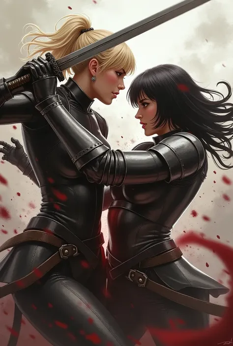 A blonde woman in black armor pierces the abdomen of a black-haired woman in gray armor with her sword., in the middle of a battle. 