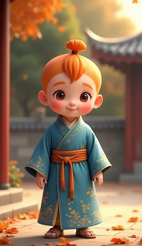 Create an image of a young child dressed in traditional Asian clothing, similar to a monk’s robes, standing in a peaceful outdoor setting with soft, warm lighting. The child has distinct, soft facial features and bright orange hair styled upwards in a smal...