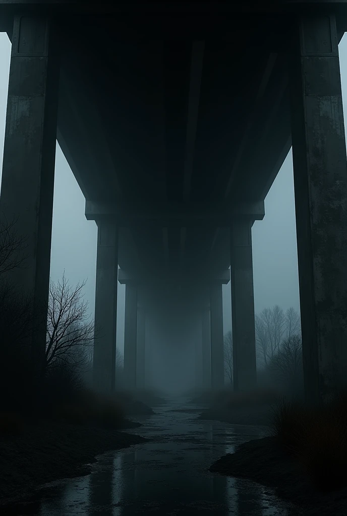 A dark, secluded area under a bridge with ominous shadows, suggesting danger.