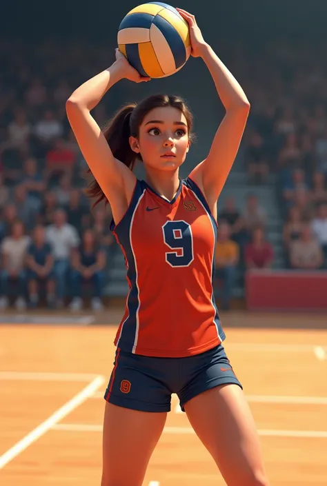 A girl with volleyball dress in volleyball court jersey number 9 volleyball in hand