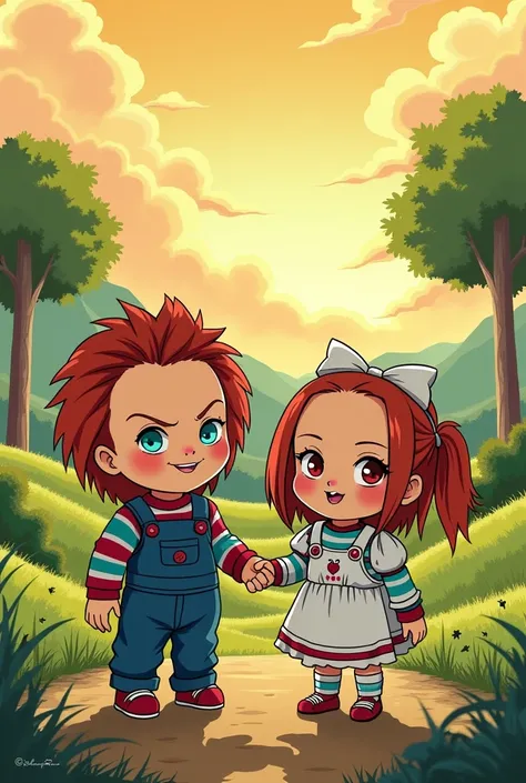 Chucky and Tiffany anime style from studio ghibli