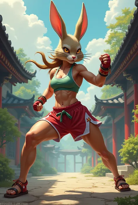 Woman with a rabbit head, in fighting stance, dressed in shorts, a sports top, and sandals, ancient japanese style 