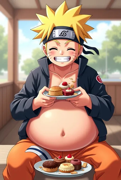 Image of Naruto Uzumaki (who is a man) Eatting yummy bakery foods and laughing out loud with a big tummy and crumbs in his face. On top Write " its YUMMY! Believe It!だってばよ!"


.
