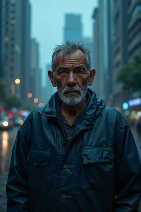 Brutal photo, 40 years man tan skin wearing dark blue raincoat standing in front of dark Bangkok city during raining, blue atmosphere 