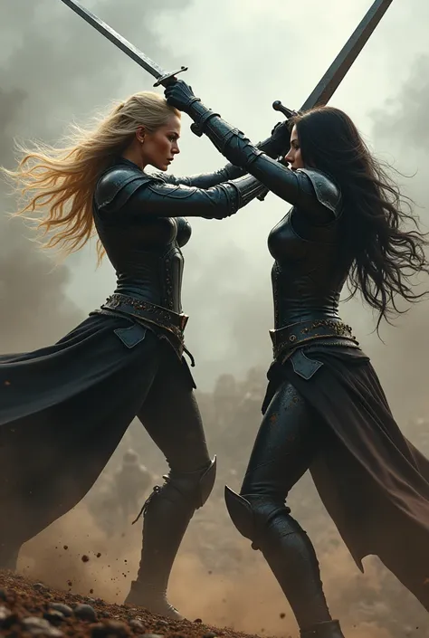 A blonde woman in black armor with her sword kills a black-haired woman, in the middle of a battle. 