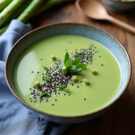 Homemade green spring asparagus cream soup decorated with black sesame seeds and edible chives flowers , rustic table and blue cotton natural tablecloth , rustic concept