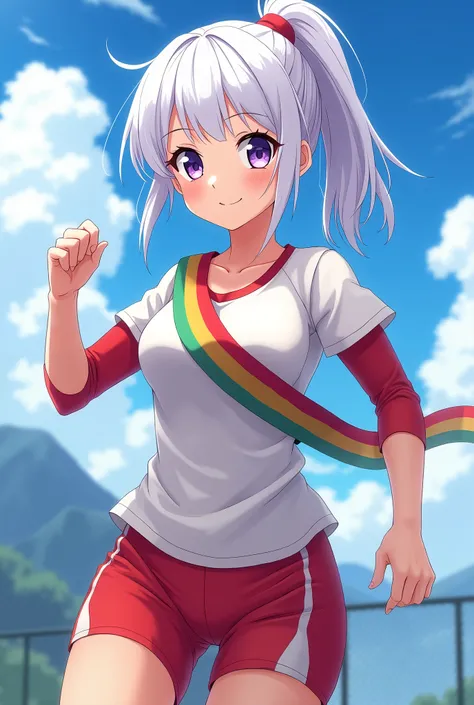 HD、Animation style、white hair 、Purple Eyes、girl、plump breasts 、High school student 、single ponytail、Baseball player、Light color short sleeve top、Long sleeve red underwear、Good shape、Thin、sash、Sky、cloud、sunny、Cycling