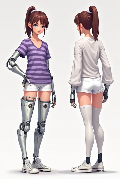 Character design, concept art of different sides, front, side, back and profile of Girl in purple striped long sleeve v-neck t-shirt with white blouse down round neck and white short shorts with converse sneakers with long leggings and robotic arms and rob...