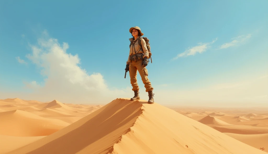 Realistic painting of a woman in rugged explorer attire standing on top of a tall sand dune in an expansive desert, the sun blazes overhead casting harsh shadows, her skin glistens with sweat, but she wears a determined smile, her eyes focused on the dista...