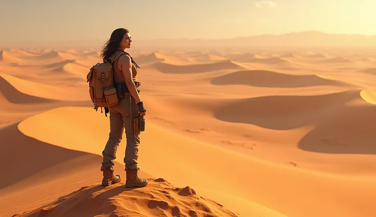 Highly detailed digital artwork of a woman in practical explorer gear standing atop a high sand dune, the vast desert around her bathed in intense sunlight, her face shows a confident, determined smile as she looks far into the distance, a canteen and a ma...