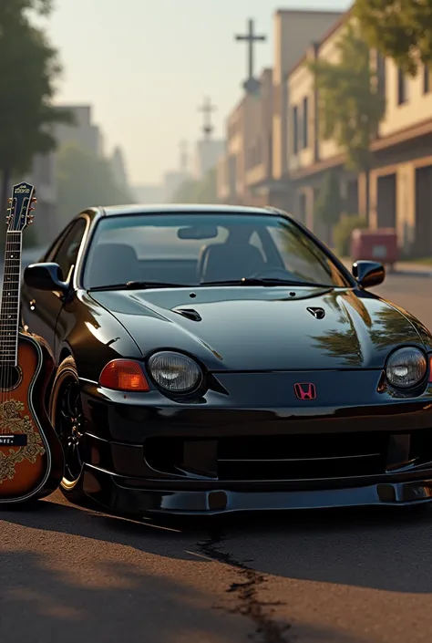 Honda Integra 1998 to 2001 coupe type r black color with a Mexican band guitar in the front black color and a bottle of tequila with a cloudy morning