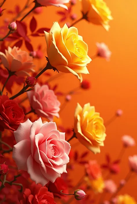 roses flowers on orange background waltz kaleidoscope,  4k