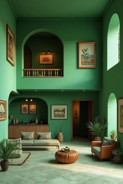 the interior of a two-story house with green tones and pre-Hispanic figures, square pictures and stairs, Kitchen and Dining Room, without plants and only two small windows