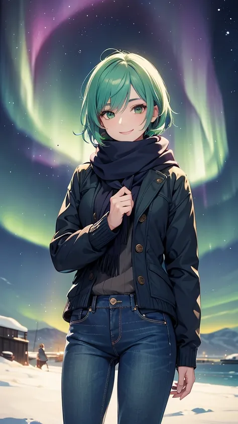  1 woman, smiling, sweater , navy scarf, jeans, (small) chillerism, short green hair, ,green eyes,northern lights,40 years old,(Adult women)