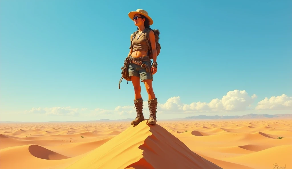 Realistic painting of a woman in rugged explorer attire standing on top of a tall sand dune in an expansive desert, the sun blazes overhead casting harsh shadows, her skin glistens with sweat, but she wears a determined smile, her eyes focused on the dista...