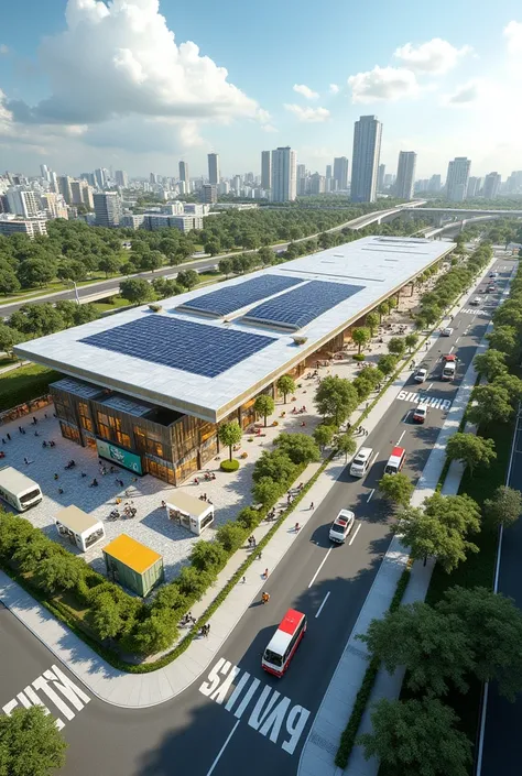 Imagine an intermodal transport hub in Barranquilla that has renewable energy elements and green areas that promote local commerce., that has a good infrastructure and creates a safe environment for people.