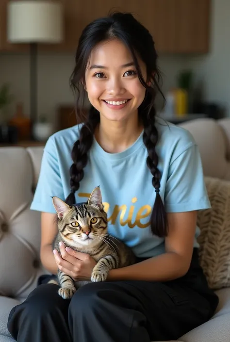 Create a full body beautiful Thai women smiling wearing a light blue t-shirt with gold written says " janie " and black cargo pants , black hair braids Sitting on the sofa with hugs cute blackwhite cat , looking at the camera. Real photo.