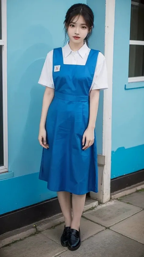 1girl with cute face and black hair, model posing, wearing white shirt, pinafore, (blue uniform:1.2), black shoes, school building background, morning, full body, (masterpiece, top quality, best quality, official art, beautiful and aesthetic:1.2)