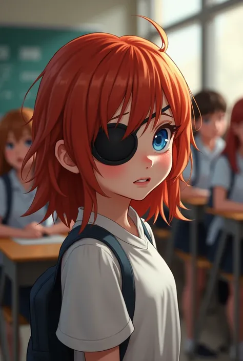 AS a red-haired girl with blue eyes and a black patch on her right eye has to have a white shirt and has to have real textures, The girl has to be entering her classroom while some kids start to bother her and push her for using an eye patch.