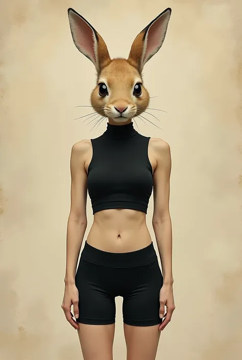 Woman with a rabbit head, 60kg, 157cm de altura, athletic body, dressed in a black top, shorts biker negro, Japanese nihonga drawing style