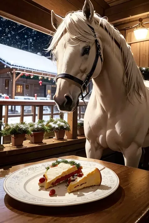 Christmasケーキを食べてる馬　Christmasでケーキを食べるThoroughbred　Christmasでケーキを食べる馬　Horses drinking　　Snow scene at night with powdery snow falling　Horse-focused　　Drinking horse　Horse face close-up　Christmas　Christmasパーティーをする馬たち　Christmasの夜　Horse dressed as Santa Claus　サンタ...