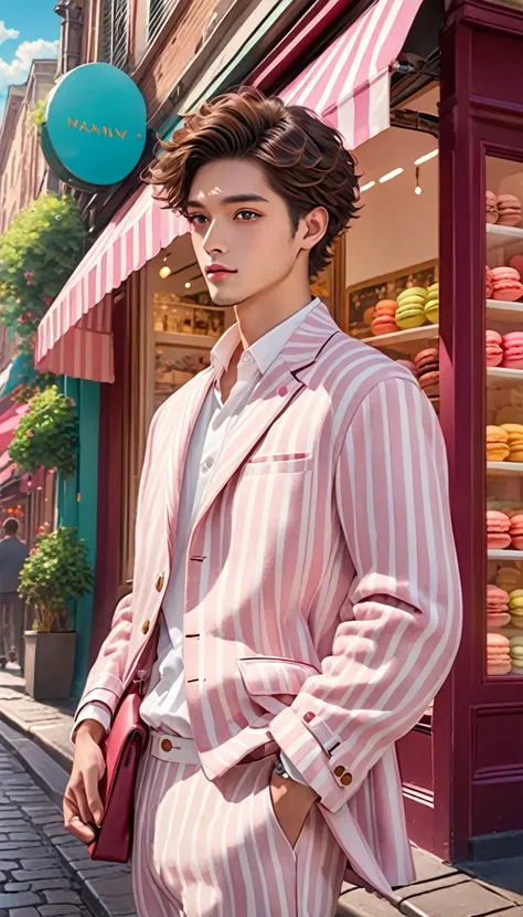 Highest quality、photograph、One Man、very handsome、nice、manly 、Fluffy hair、short hair、stylish、striped light burgundy and white outfit 、street style, Perfect Face、Cinematic, detailed Colorful macarons shop background, detailed scenery background