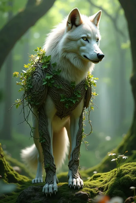 Opalescent wolf clad in living wood armor