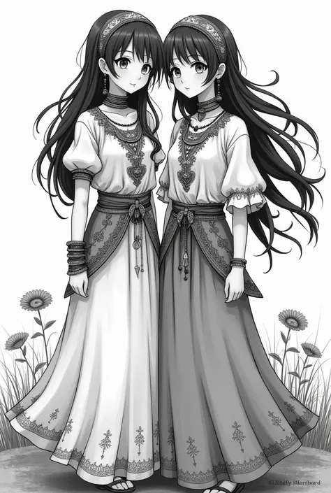 Draw a 2 girl in anime style with gypsy clothes in black and white 