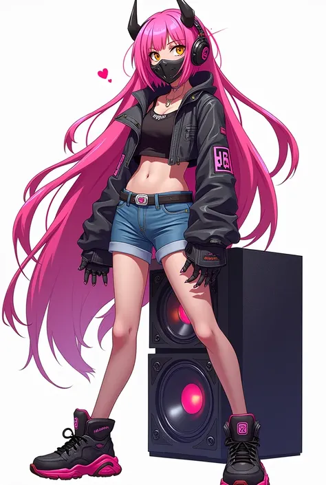 Create an image anime man badass character design with music theme and cyberpunk with white background, use future glasses pink long hair, with toxic mask and logo toxic in it, and she has a yellow eyes, with a smile and some sound sytem around her and dra...