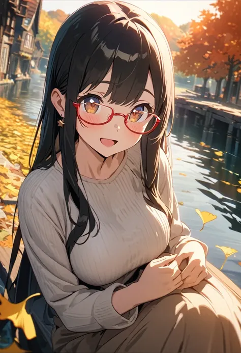 1girl, 17yo, brown eyes are shining and cute, black hair, long hair, extremely detailed neat hair,Straight hair, tareme, ((red-rimless eyewear:1.2)), star earrings, medium breasts, smile, blushful,

BREAK
looking at viewer, sitting on bench, lake backgroun...